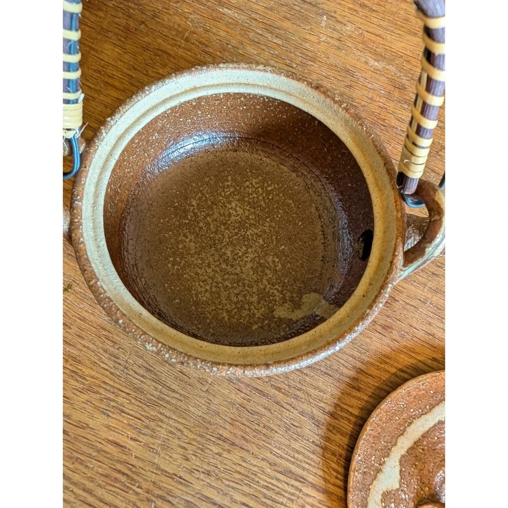 Vintage Japanese Studio Pottery Tea Set Woven Handle Stoneware Brown 5 Piece
